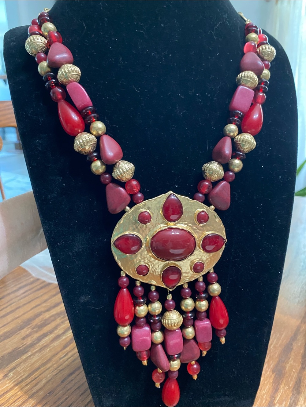 Chico's Red Beaded Pendant Necklace with Gold Accents